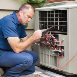 An air conditioning mechanic, professionally equipped with tools, working diligently on an intricate air conditioning unit in a residential setting.