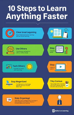 A visually appealing and engaging infographic titled '10 Steps to Learn Anything Faster', featuring bold typography and colorful design elements