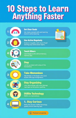 A visually appealing and engaging infographic titled '10 Steps to Learn Anything Faster', featuring bold typography and colorful design elements