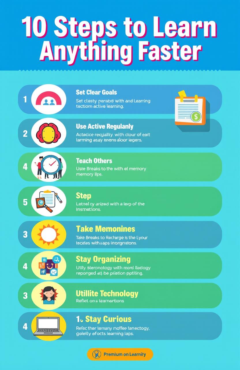 A visually appealing and engaging infographic titled '10 Steps to Learn Anything Faster', featuring bold typography and colorful design elements