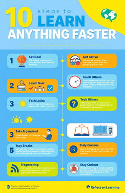 A visually appealing and engaging infographic titled '10 Steps to Learn Anything Faster', featuring bold typography and colorful design elements