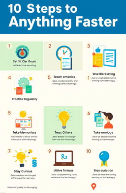A visually appealing and engaging infographic titled '10 Steps to Learn Anything Faster', featuring bold typography and colorful design elements
