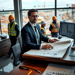 A professional and sophisticated Technical Office Manager working in a road construction environment