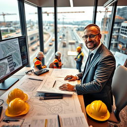 A professional and sophisticated Technical Office Manager working in a road construction environment