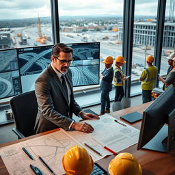 A professional and sophisticated Technical Office Manager working in a road construction environment