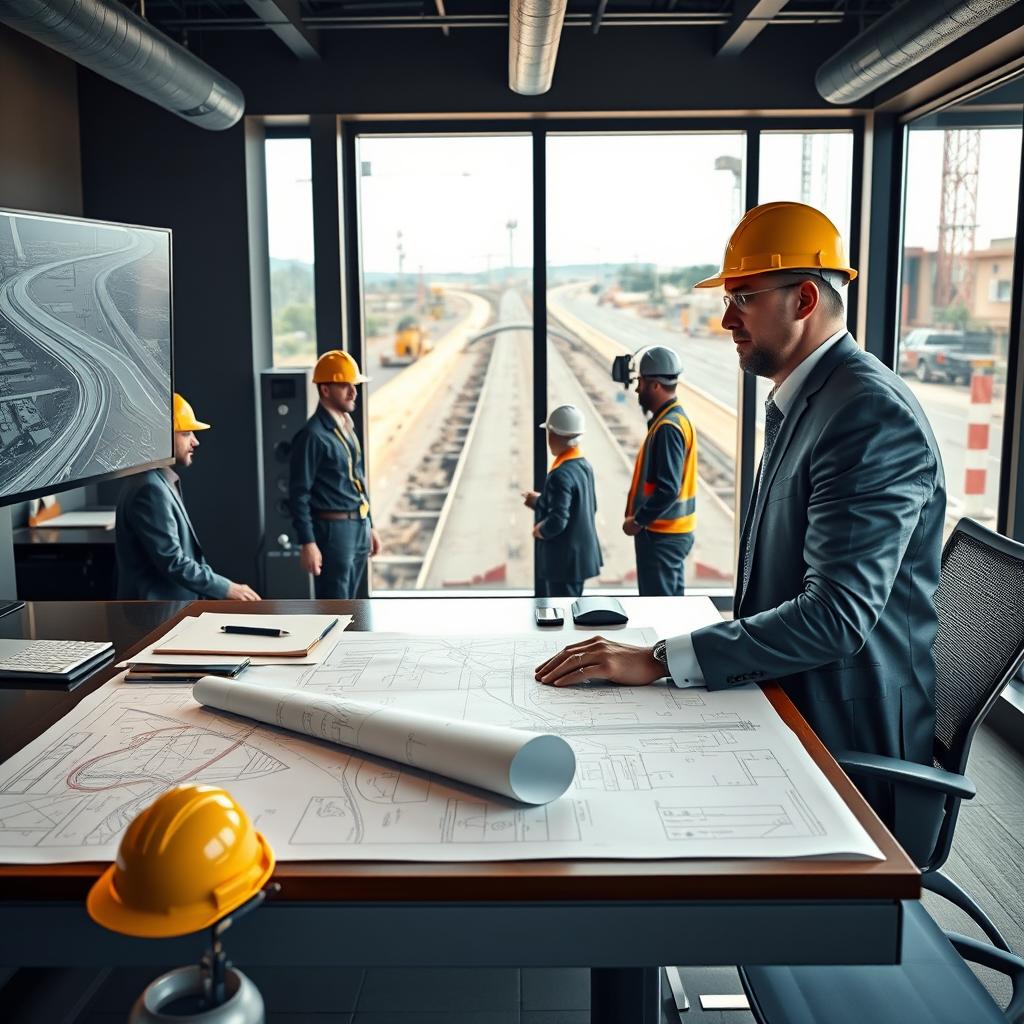 A professional and sophisticated Technical Office Manager working in a road construction environment