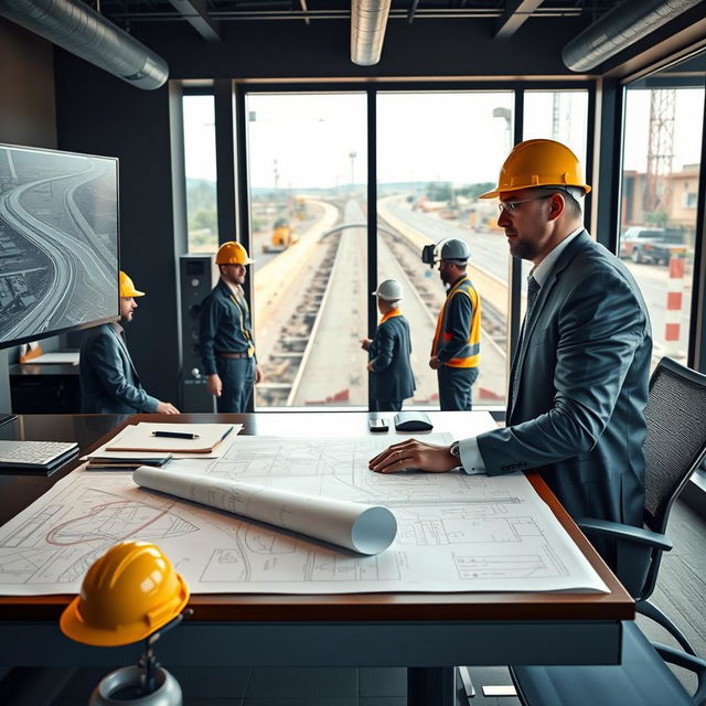 A professional and sophisticated Technical Office Manager working in a road construction environment