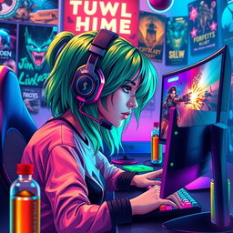 A digital artwork of a vibrant gaming scene featuring a female gamer with green hair, wearing stylish gaming headphones, intensely focused on her screen