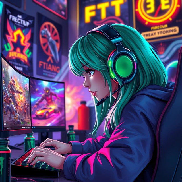 A digital artwork of a vibrant gaming scene featuring a female gamer with green hair, wearing stylish gaming headphones, intensely focused on her screen