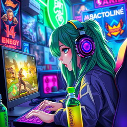 A digital artwork of a vibrant gaming scene featuring a female gamer with green hair, wearing stylish gaming headphones, intensely focused on her screen