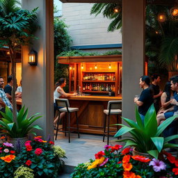 A cozy outdoor bar scene featuring a charming small bar counter nestled between two sturdy columns