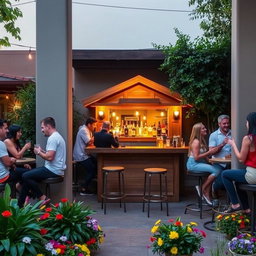 A cozy outdoor bar scene featuring a charming small bar counter nestled between two sturdy columns