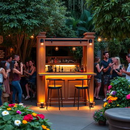 A cozy outdoor bar scene featuring a charming small bar counter nestled between two sturdy columns