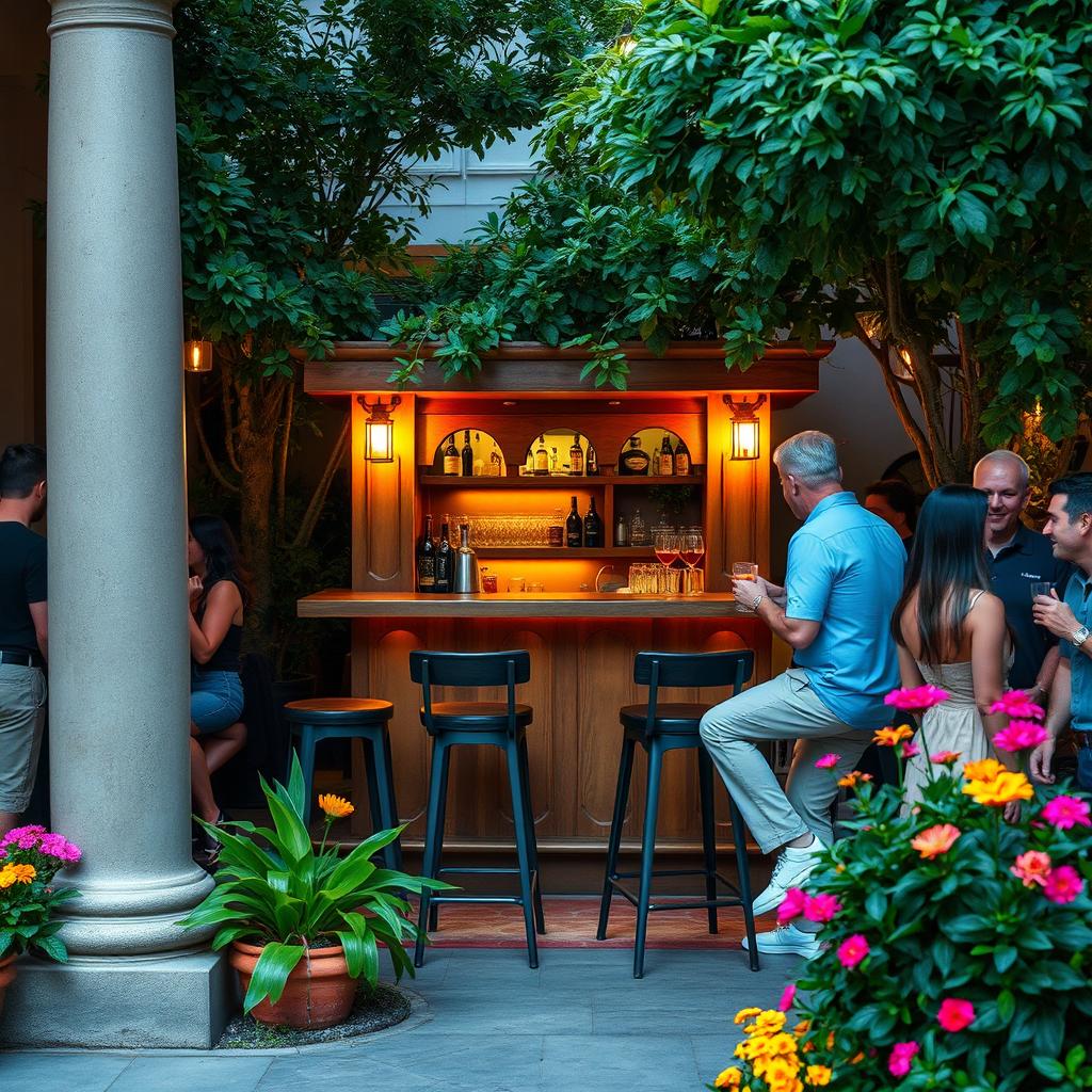A cozy outdoor bar scene featuring a charming small bar counter nestled between two sturdy columns