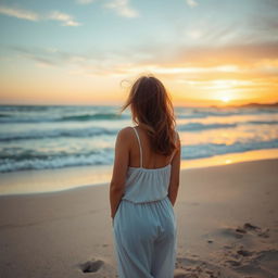 A tastefully captured image of a beautiful woman embracing nature on a secluded beach, surrounded by soft sand and gently rolling waves