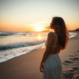 A tastefully captured image of a beautiful woman embracing nature on a secluded beach, surrounded by soft sand and gently rolling waves