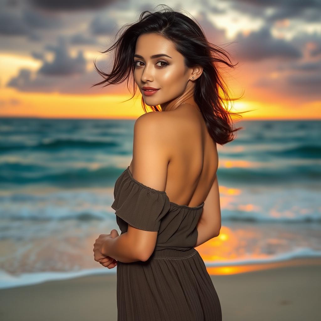 A tastefully captured image of a beautiful woman embracing nature on a secluded beach, surrounded by soft sand and gently rolling waves