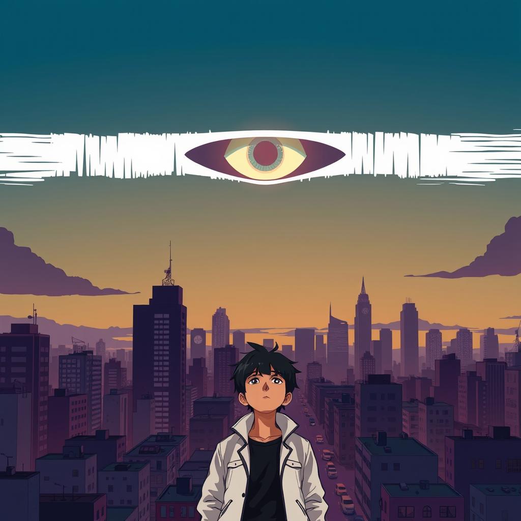 A stylized cartoon or anime-inspired cityscape at dusk, illustrated with bold, vibrant colors and clean lines
