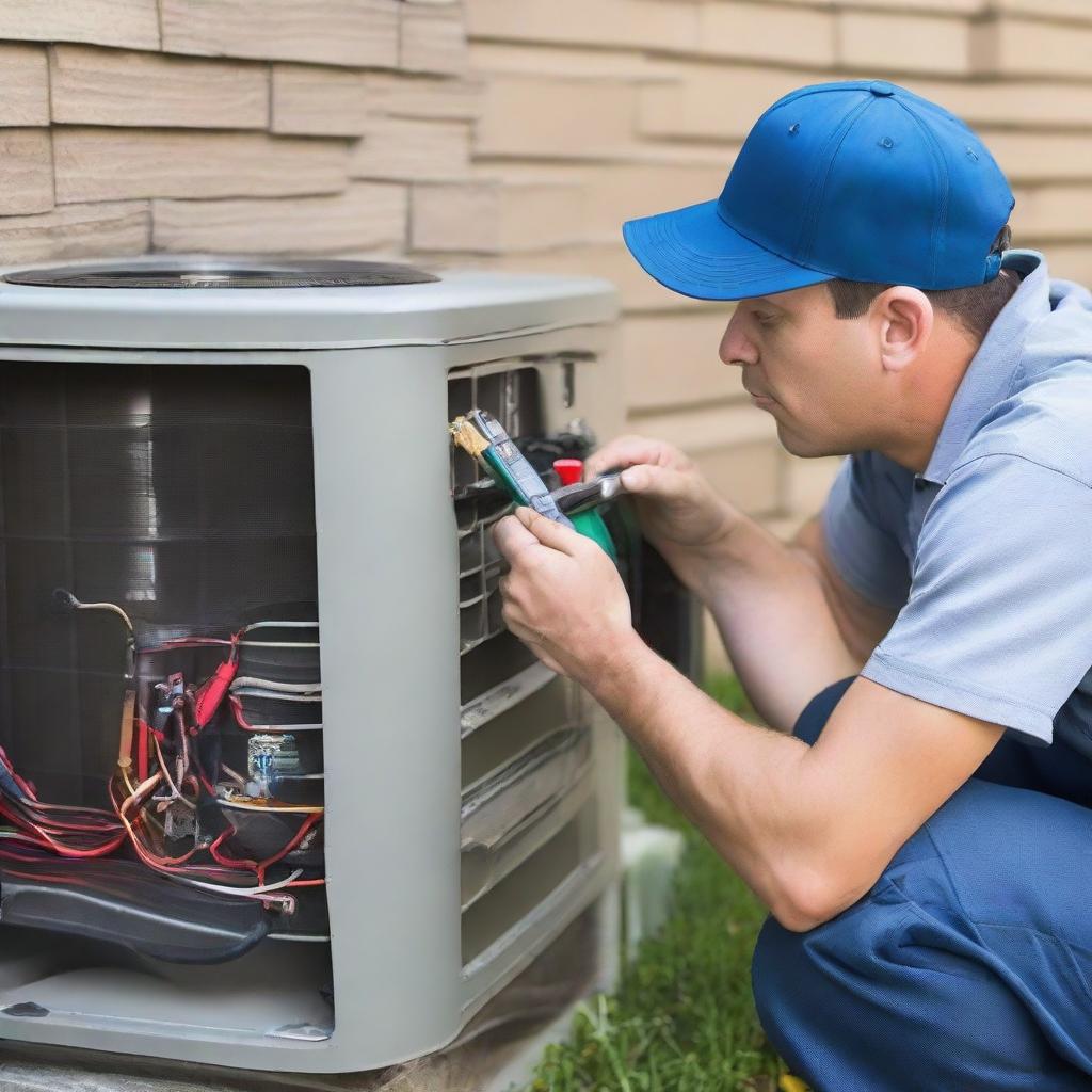 An air conditioning mechanic, professionally equipped with tools, working diligently on an intricate air conditioning unit in a residential setting.