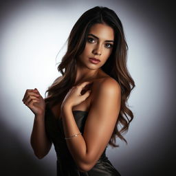 A seductive and alluring photo featuring a confident, attractive woman in an elegant evening gown, standing against a softly lit backdrop
