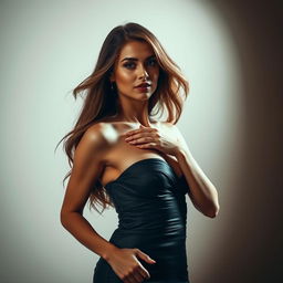 A seductive and alluring photo featuring a confident, attractive woman in an elegant evening gown, standing against a softly lit backdrop