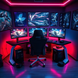 A futuristic gaming setup featuring an ultra-modern computer desk with multiple high-resolution monitors displaying vibrant, dynamic gaming scenes
