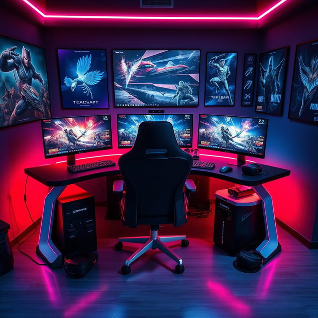 A futuristic gaming setup featuring an ultra-modern computer desk with multiple high-resolution monitors displaying vibrant, dynamic gaming scenes