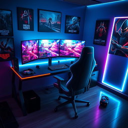 A futuristic gaming setup featuring an ultra-modern computer desk with multiple high-resolution monitors displaying vibrant, dynamic gaming scenes