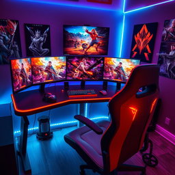 A futuristic gaming setup featuring an ultra-modern computer desk with multiple high-resolution monitors displaying vibrant, dynamic gaming scenes