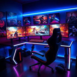 A futuristic gaming setup featuring an ultra-modern computer desk with multiple high-resolution monitors displaying vibrant, dynamic gaming scenes