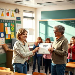 A vibrant and encouraging classroom scene where a teacher is rewarding a student for an outstanding presentation
