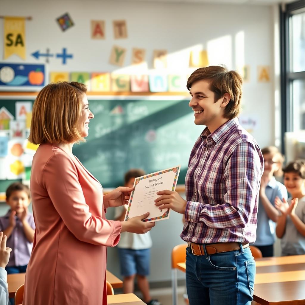 A vibrant and encouraging classroom scene where a teacher is rewarding a student for an outstanding presentation