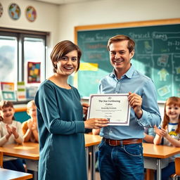 A vibrant and encouraging classroom scene where a teacher is rewarding a student for an outstanding presentation