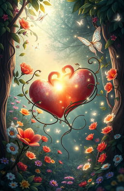 A whimsical and enchanting scene depicting two hearts intricately tangled together, surrounded by a magical forest filled with vibrant, colorful flowers and shimmering fairies fluttering about