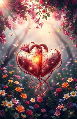 A whimsical and enchanting scene depicting two hearts intricately tangled together, surrounded by a magical forest filled with vibrant, colorful flowers and shimmering fairies fluttering about