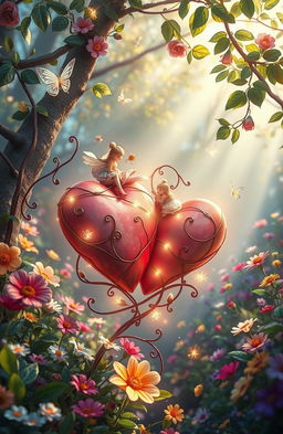A whimsical and enchanting scene depicting two hearts intricately tangled together, surrounded by a magical forest filled with vibrant, colorful flowers and shimmering fairies fluttering about