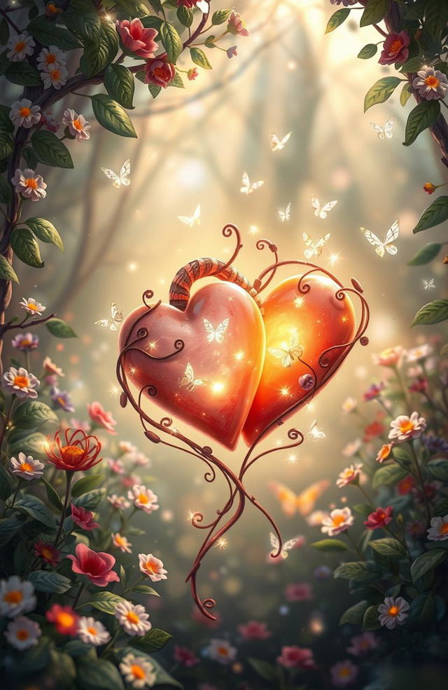 A whimsical and enchanting scene depicting two hearts intricately tangled together, surrounded by a magical forest filled with vibrant, colorful flowers and shimmering fairies fluttering about