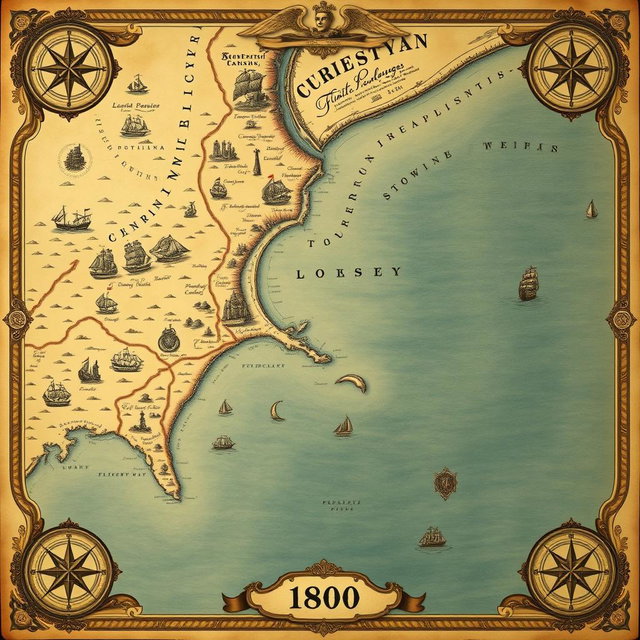 An intricately detailed vintage map showcasing a shoreline and expansive sea area, styled in the year 1800