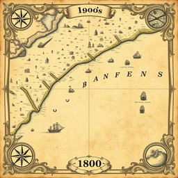 An intricately detailed vintage map showcasing a shoreline and expansive sea area, styled in the year 1800