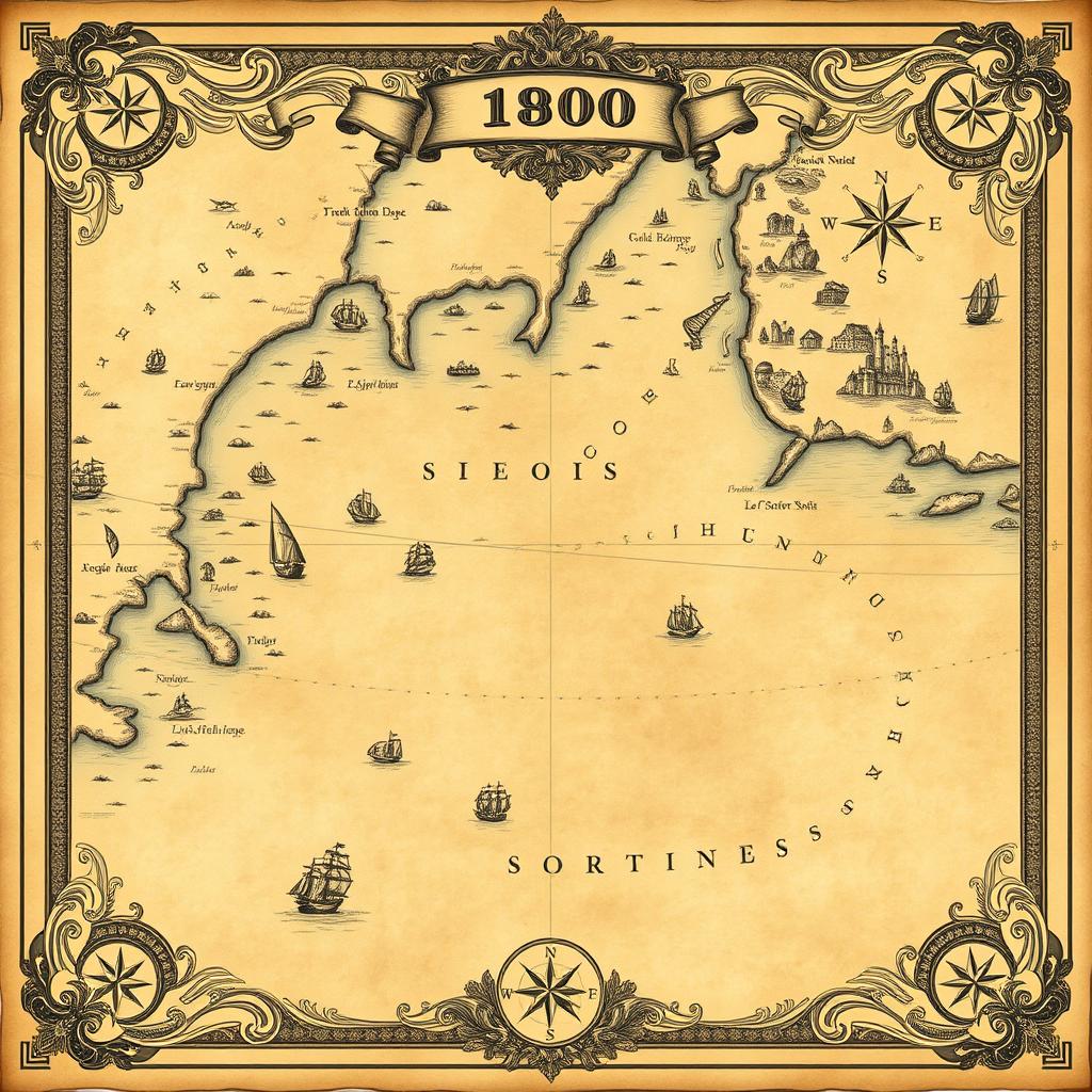 An intricately detailed vintage map showcasing a shoreline and expansive sea area, styled in the year 1800