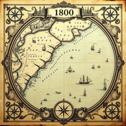 An intricately detailed vintage map showcasing a shoreline and expansive sea area, styled in the year 1800