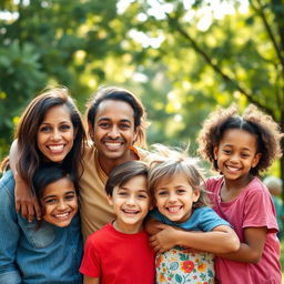 A warm and joyful family portrait featuring a diverse family of four in a beautiful outdoor setting, smiling and embracing each other