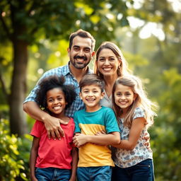 A warm and joyful family portrait featuring a diverse family of four in a beautiful outdoor setting, smiling and embracing each other