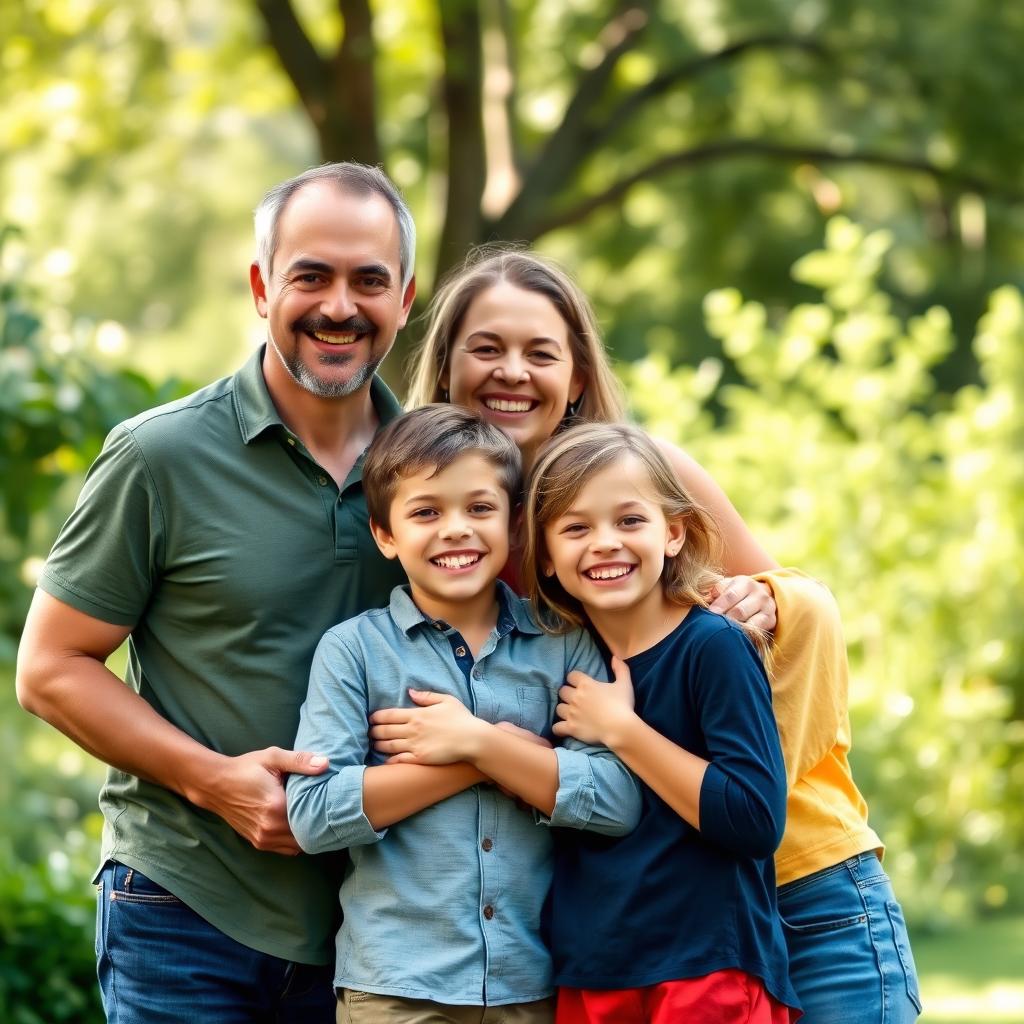 A warm and joyful family portrait featuring a diverse family of four in a beautiful outdoor setting, smiling and embracing each other