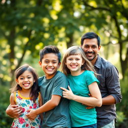 A warm and joyful family portrait featuring a diverse family of four in a beautiful outdoor setting, smiling and embracing each other