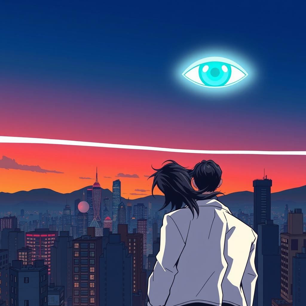 A stylized cartoon or anime-inspired cityscape at dusk, illustrated with bold, vibrant colors and clean, defined lines