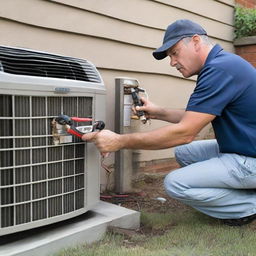 An air conditioning mechanic, professionally equipped with tools, working diligently on an intricate air conditioning unit in a residential setting.