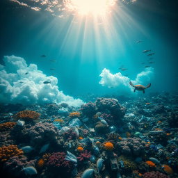 A dramatic underwater landscape showcasing the impact of pollution on marine life, featuring a vibrant yet haunting scene