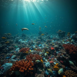 A dramatic underwater landscape showcasing the impact of pollution on marine life, featuring a vibrant yet haunting scene