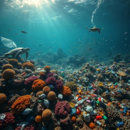 A dramatic underwater landscape showcasing the impact of pollution on marine life, featuring a vibrant yet haunting scene